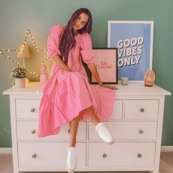 H&M Pink Puff Sleeve Voluminous Midi Dress XS Blogger Favorite NEW - Picture 6 of 14